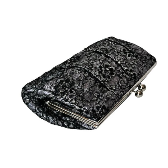Express Clutch Evening Bag Black Silver Lace Kiss Lock Rectangular Whimsigoth - Picture 6 of 9